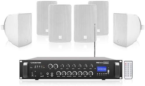Sound Town Commercial Restaurant Bluetooth Amplifier + Surface-Mount Speaker Set, with One 6-Zone 70V/100V Amplifier with Bluetooth, 6 x 6.5-Inch Surface-Mount Speakers, White (PAC180X6TV6W) by SOUNDTOWN