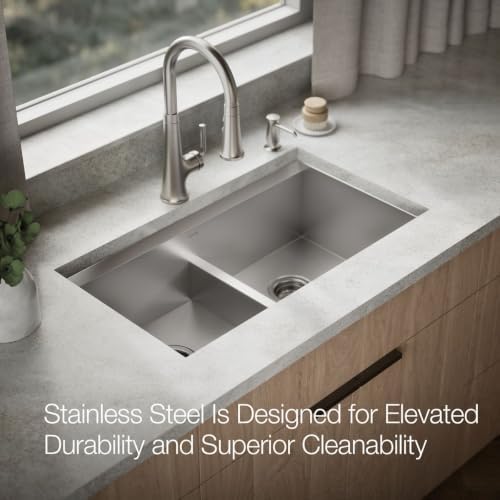 KOHLER 80085-2PC-NA Task™ 33" Smart Divide Top-/Undermount Double-Bowl Workstation Kitchen Sink, Includes Workstation Sink Accessories, Stainless Steel, 2 Faucet Holes - Image 4