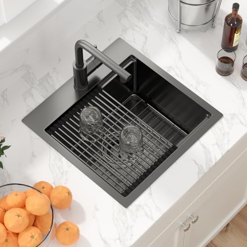 Sarlai Drop Bar Sink - 18 Inch Black Outdoor Kitchen Sink with Pull-out Faucet Gunmetal Black Drop In Workstation 18 x 18 Topmount Stainless Steel 16 Gauge Single Bowl Bar Prep RV Outdoor Sinks Basin - Image 3