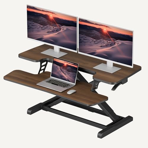 SANODESK 36" Standing Desk Converter, Smooth Mechanical Spring Effortless Lift Sit-Stand Riser for Dual Monitors, Heavy Duty Workstation with Keyboard Tray, Walnut by sanodesk