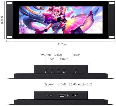 AISHICHEN 7.84 Inch 1280×400 Touch Screen Rackmount Monitor, 2U Rack Mount LCD Touch Display Built‑in Speakers for DeskPi RackMate T0/T1/T2/T0 Plus/T1 Plus/TL1 Server Cabinet & 10‑Inch Server Rack - Image 2
