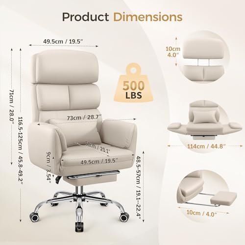 Big and Tall Office Chair 500LBS, Ergonomic High Back Leather Executive Chair, Reclining Swivel with Adjustable Armrests Lumbar Support Footrest, Cross Legged, Beige - Image 2