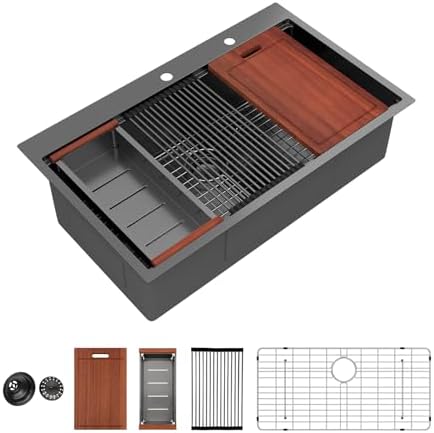 Sarlai 36 Inch Drop In Kitchen Sink - 36x22 Black Drop Kitchen Sink Ledge Workstation 16 Gauge Stainless Steel Gunmetal Black Sinks Topmount Single Bowl Over Counter Sinks Basin Round Corners - Image 2