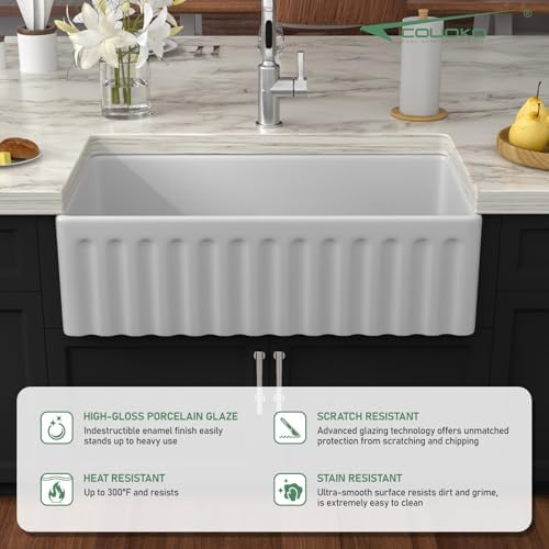 White Farmhouse Sink 33 Inch Fireclay Reversible Apron Front Farm Sink 33"x18"x10" Glossy White Porcelain Farms House Style Single Bowl Farmhoues kitchen Sinks with Luxury Accessories - Image 5