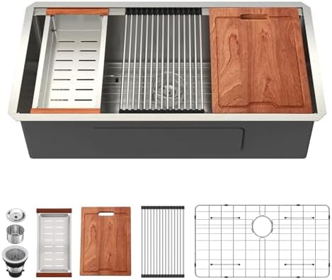 Lordear 36 Inch Undermount Kitchen Sink Stainless Steel 16 Gauge Workstation Single Bowl Handmade Kitchen Sinks Basin Under Counter, 36X19X10 Inch by LORDEAR