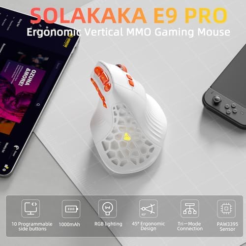 SOLAKAKA E9 PRO Vertical MMO Gaming Mouse - Ergonomic Wireless Mouse with 10 Side Buttons,PAW3395 36000 DPI Sensor,45°Grip,Tri-Mode 2.4G/BT/Wired, RGB,1000mAh Rechargeable Mouse for PC/Mac - White - Image 4