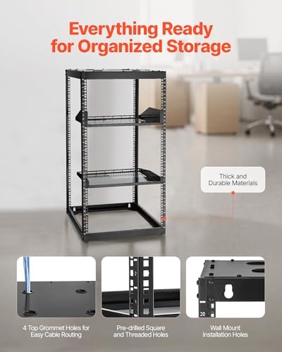 VEVOR 20U Open Frame Network Rack, 23 in Depth, Wall Mounted or Floor Standing Server Rack, Heavy Duty 4 Post, with Vented Shelves & Mounting Hardware, Holds All Your Networking IT Equipment AV Gear - Image 5