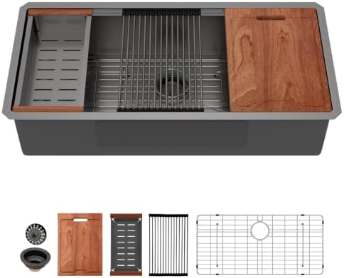Lordear 39 Inch Black Undermount Kitchen Sink Workstation SUS304 16 Gauge by LORDEAR