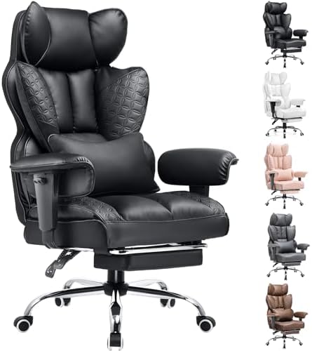 COMHOMA Big and Tall Office Chair Heavy Duty Wide Ergonomic Gaming Chair with Deluxe Embossing Leather with Foot Rest 145°Reclining Adjustable Armrests Pocket Spring Back Support and Without Pillow by ComHoma