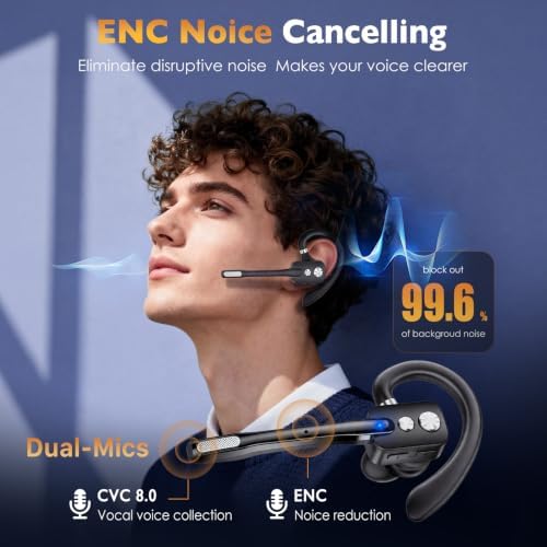 Bluetooth Headset, Wireless Headset with Dual-Mics & Noise Cancelling, Bluetooth Earpiece with Mute for Office Business Work Trucker, V5.3 Hands-Free Headset with QCC Chip for Phone PC iOS Android - Image 3