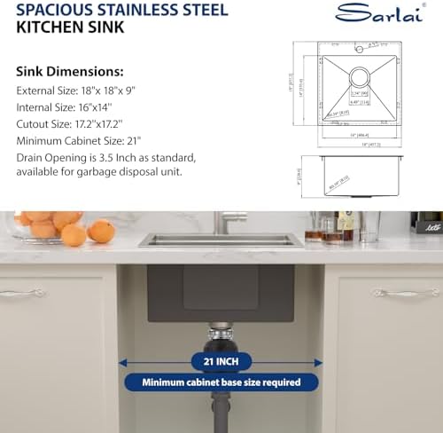 Sarlai Drop Bar Sink - 18 Inch Outdoor Kitchen Sink with Pull-out Faucet Drop In Workstation 18 x 18 Topmount Stainless Steel 16 Gauge Single Bowl Bar Prep RV Outdoor Sinks Basin - Image 7