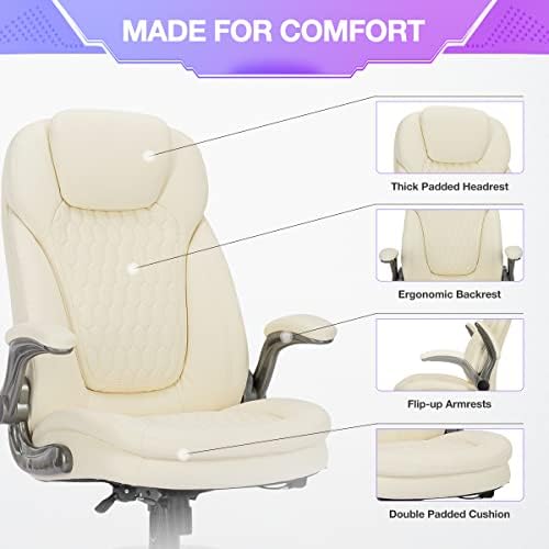 COLAMY Ivory Leather High Back Executive Office Chair, Ergonomic Desk Chair with Flip-up Arms, Thick Cushion, Silent Nylon Wheels, Adjustable Height & Rocking Function, 300lbs Capacity - Image 5