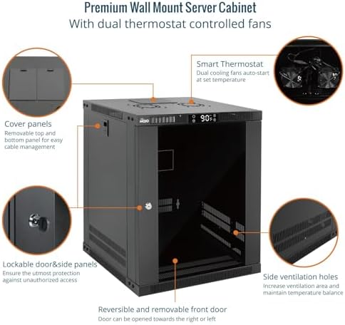 Tecmojo 12U Wall Mount Rack with Thermostat, 17.7inch Depth Enclosed Server Cabinet with 2 Cooling Fans,Lockable Door & Hardware,12U Rack for 19inch Equipments,Glass Door - Image 3