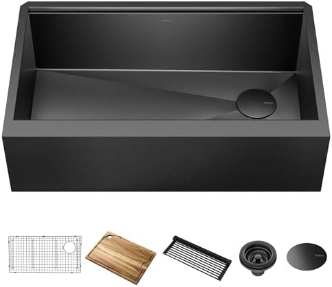 KRAUS Kore Workstation 33-inch Farmhouse Modern Flat Apron Front 16 Gauge Black Stainless Steel Single Bowl Kitchen Sink in PVD Gunmetal Finish with Accessories, KWF410-33/PGM by Unknown