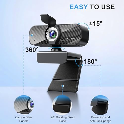 Webcam Full HD 1080P with Built-in Microphone and Rotatable Tripod, Carbon Fiber Board and Privacy Cover, Auto Light Correction, Adjustable FOV, Plug&Play for Zoom/Skype/Facetime/YouTube, Laptop/PC - Image 6