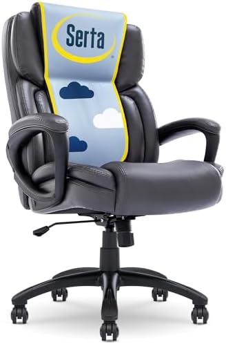 Serta Garret Executive Office Chair, Ergonomic Mid-Back with Lumbar Support, Semi-Plush Cushion and Body Pillows, Padded Armrests, Swivel Base, Bonded Leather, Space Gray by Serta