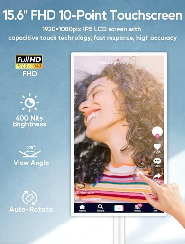 15.6" Digital Signage with 10000mAh Battery, Capacitive Touchscreen Advertising Display, Adjustable Stand, Android 13 Commercial LCD Monitor with Auto Play, Wireless Screen Mirroring, 4+64GB, White - Image 2