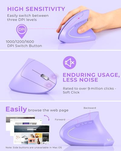 Lekvey Ergonomic Mouse, Rechargeable Wireless Vertical Mouse, Light Purple - Image 5