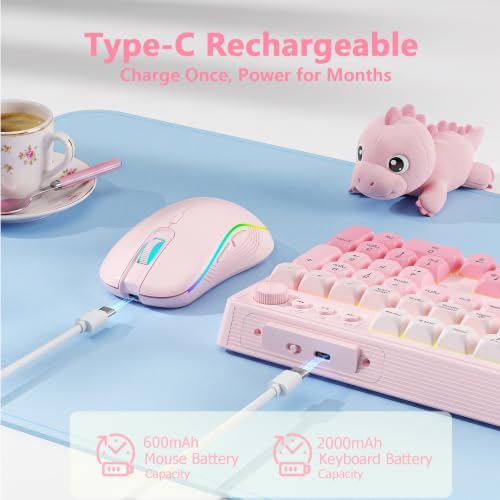 Wireless Keyboard and Mouse Combo, RGB Backlit Rechargeable 2000 mAh Battery, Tri-Mode Bluetooth/2.4GHz/USB-C Custom Creamy Keyboard, RGB Backlit Media Knob (Pink Gradient) - Image 3