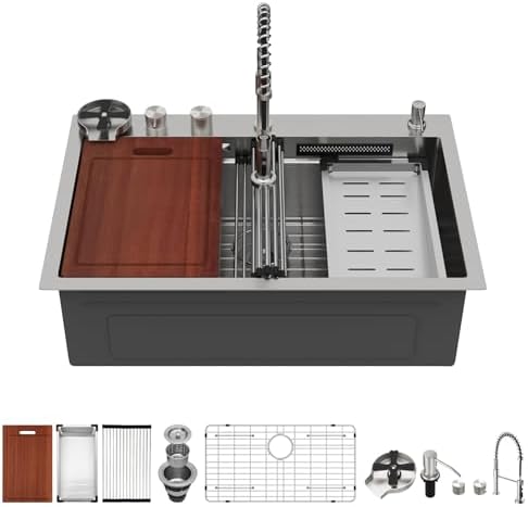 Sarlai Waterfall Kitchen Sink 33 Inch Drop In Kitchen Sink with Waterfall Topmount 16 Gauge Stainless Steel 33x22 Inch Single Bowl Multifuction Workstation Top Mount Sinks with Double Knob by Sarlai