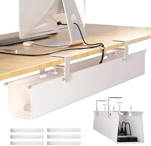 [Upgraded] Large Under Desk Cable Management Tray, Cinati Cable Management Under Desk No Drill, 28.4" Fabric Cord Hider for Wire Organizer, Cord Organizer for Office, Home - Supports Up to 30lbs White by Cinati