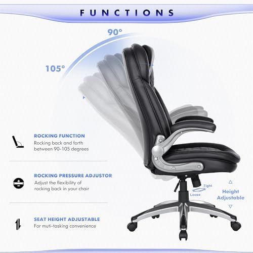 COLAMY High Back Executive Office Chairs, Ergonomic PU Leather Desk Chairs with Flip-Up Armrests, Adjustable Height, Lumbar Support, Comfortable Computer Chairs for Home Office, Set of 2 - Image 5