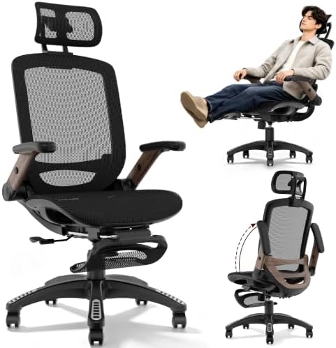Ergonomic High-Back Office Chair with Footrest – Flip-Up Arms, 3D Headrest, 135° Recline, and Wide Mesh Seat with Lumbar Support. Rolling Swivel Task Chair for Gaming or Work, Sturdy, 300 LBS. by GABRYLLY