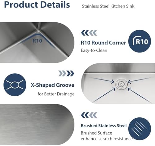 Lordear 28 Inch Undermount Kitchen Sink Stainless Steel 16 Gauge T304 Stainless Steel Workstation Sink Single Bowl One Basin Handmade Sinks Under Counter, 28x19x10 Inch - Image 6