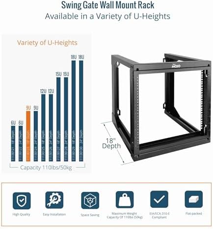 Tecmojo 9U Wall Mount Rack, Server Rack,Open Frame Server Rack,Network Rack for 19inch Computer/AV/Data/IT/Media Equipment,18inch Depth,16inch Apart Mounting Holes,Swing Gate,Square and Tapped Holes - Image 5