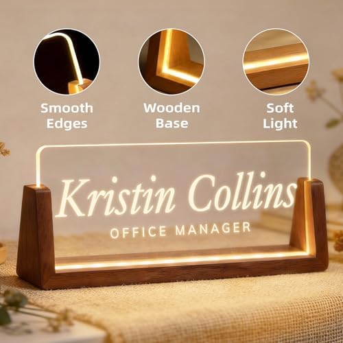 Personalized Light Up Acrylic Desk Name Plate - Custom Name Plate for Desk with Walnut Wood Base - Appreciation Office Gifts for Employees, Teacher, Social Worker (engraving) - Image 7