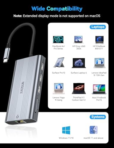 XAOSUN USB C Docking Station 4K@60Hz Dual Monitor, 10 in 1 USB C Hub, Grey - Image 7