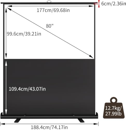 Floor Rising Projector Screen 80 Inch 16:9, Manual Pull Up Portable Screen - Image 2