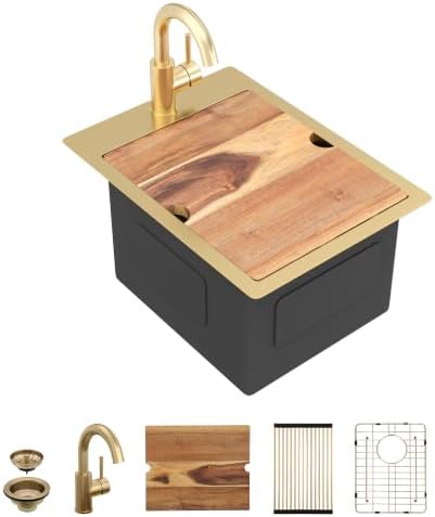 14"x19" Gold Bar Prep Sink Drop In Workstation with Faucet Combo by FULORNI