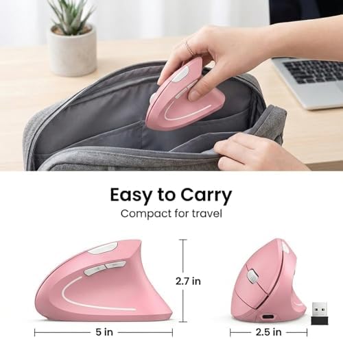 Ergonomic Vertical Wireless Mouse, 2.4G Optical Mouse with USB Receiver, 800-1600 DPI, Silent Click, Battery Powered, 5 Buttons, Stylish Comfortable Mouse for Laptop, PC, Mac, Computer (Pink) - Image 6