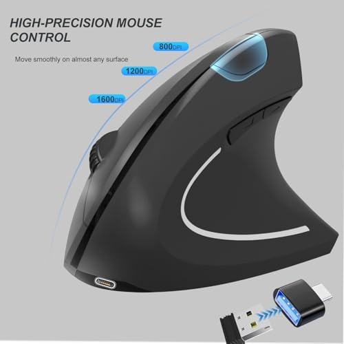 Vassink Ergonomic Mouse, Rechargeable Wireless Mouse,2.4GHz Rechargeable Wireless Vertical Optical Mice with USB Receiver, 6Buttons, 800/1200/1600 DPI, for Laptop, PC, Computer - Image 2