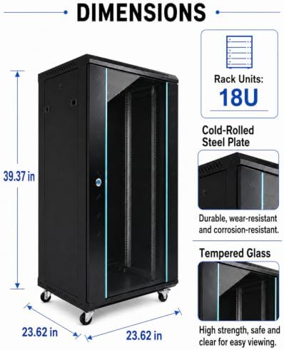 18U Lockable Rolling Network Server Cabinet, 19-Inch mounting Rails - Image 2