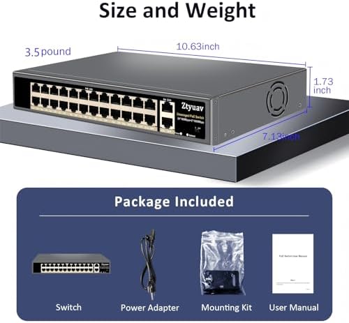 26-Port Unmanaged PoE Switch with 24 PoE+ Ports @400W 10/100Mbps and 2 Gigabit Uplink Ports, IEEE802.3af/at, PoE Watchdog, VLAN Mode, Extend to 250m, Built-in Cooling Fan, Metal Plug & Play - Image 6