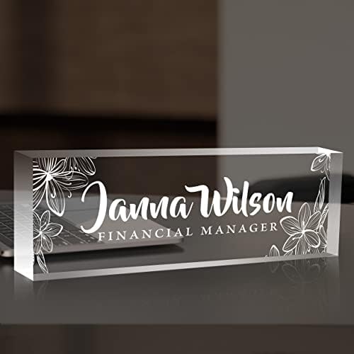 Personalized Desk Name Plate, Custom Acrylic Glass Name Plates for Desks, Office Desk Decor Nameplate, Desk Accessories, Teacher Boss Coworkers Employee Appreciation Gift (Engraved Flower 2) by Custom