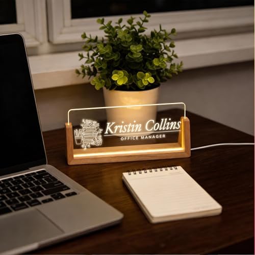 Personalized Light Up Acrylic Desk Name Plate - Custom Name Plate for Desk with Walnut Wood Base - Appreciation Office Gifts for Employees, Teacher, Social Worker (Textbook) - Image 6