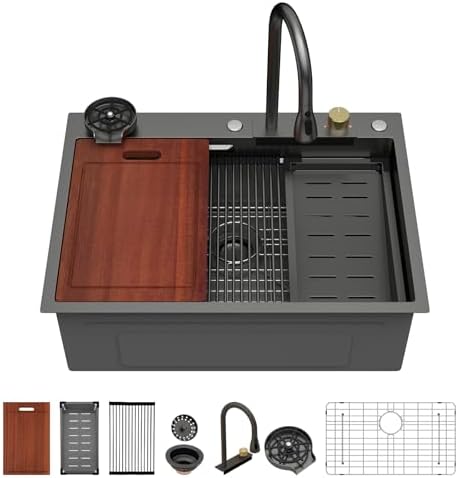 Sarlai black Waterfall Kitchen Sink - 28x22 Black Waterfall Drop In Workstation Sink Stainless Steel 16 Gauge Sinks Multifunction Single Bowl Smart Top Mount Kitchen Sinks with Faucet Combo - Image 3