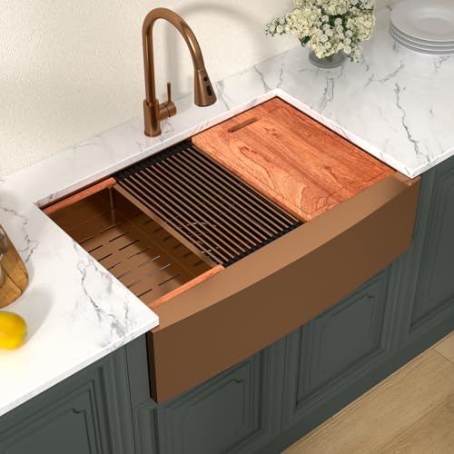 Lordear 33x21Inch Copper Tone Bronze Farmhouse Kitchen Sink Workstation SUS304 16-Gauge Stainless Steel Farmhouse Sink Apron Fron Farm Style Undermount Sinks, 33"x21"x10" - Image 2