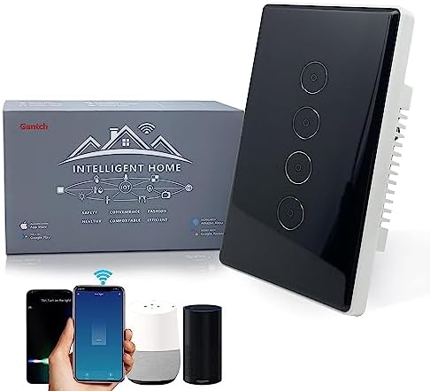 WiFi Smart Wall Touch Light Switch Glass Panel Wireless Remote Control by Smart-Life APP Anywhere Compatible with AI Alexa,Timing Function No Hub Required (1-2-3-4 Gang) (Black, Four Gang) by Gantch