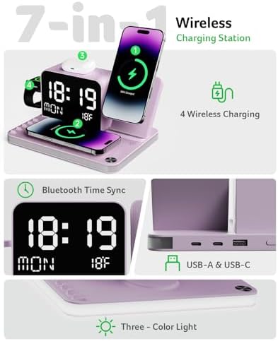Acer 7-in-1 Wireless Charging Station Charger Stand for Multiple Devices for Apple -iPhone 18 17 16 15 14 13 Pro Max Apple Watch Airpods, Wireless iPhone Charger Station with Bluetooth TimeSync Purple - Image 2