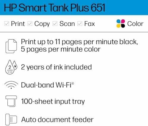 HP Smart Tank Plus 651 Wireless All-in-One Printer, Ink Tank Printer-for-Home Use, 2 Years of Ink Included Auto Document Feeder, Mobile Print, Scan, Copy, Fax. (7XV38A) - Image 2