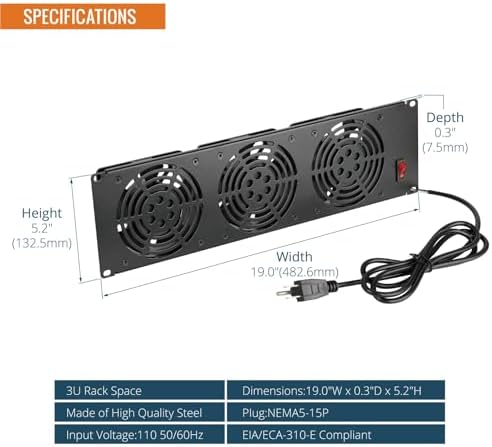Tecmojo 3U Rack Mount Fan Panel, 3 Fans Cabinet Cooling Fans, 19in 6ft Cord Server Cooling System for Audio Rack and AV Cabinet in Office, Theater(Vertical Assemble) - Image 2