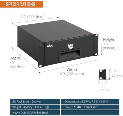 Tecmojo 2U Rack Mount Drawer for 10in Server Rack or Cabinet, Sliding and Lockable 10in Server Rack Drawer,Load-Bearing 33lb (15kg),with 3 Cable Management Holes - Image 3