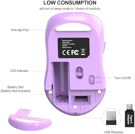 WisFox 2.4G Wireless Mouse for Laptop, Ergonomic Computer Mouse with USB Receiver and Type-C Adapter, 3 Adjustable Levels DPI, 6 Button Mice (Lilac) - Image 5