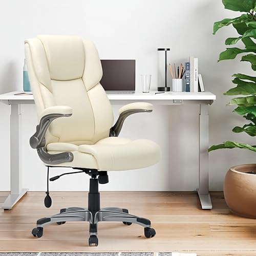 COLAMY Leather Executive Office Chair- High Back Home Computer Desk Chair with Padded Flip-up Arms, Adjustable Tilt Lock, Swivel Rolling Ergonomic Chair for Adult Working Study-Lvory, Set of 2 - Image 2