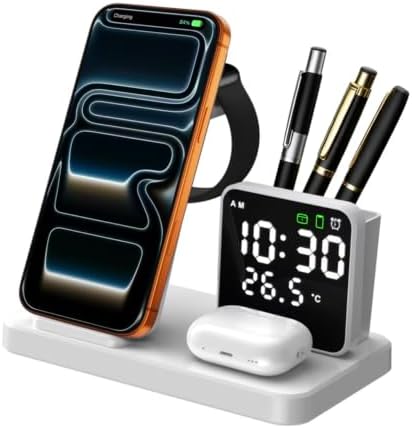 5 in 1 Wireless Charging Station with Alarm Clock Pen Holder, Fast Wireless Charger for iPhone 17/16/15/14/13/12/Pro/Max/Air, for iWatch & AirPods, Charger Stand with Temperature, Snooze Model White by LONET