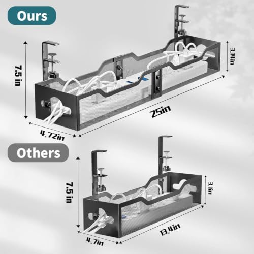 Under Desk Cable Management Tray Black, Litwaro Cable Management Under Desk No Drill, 25'' Cable Tray with Clamp for Wire Management, Cord Organizer for Office, Home - No Damage to Table - Image 2